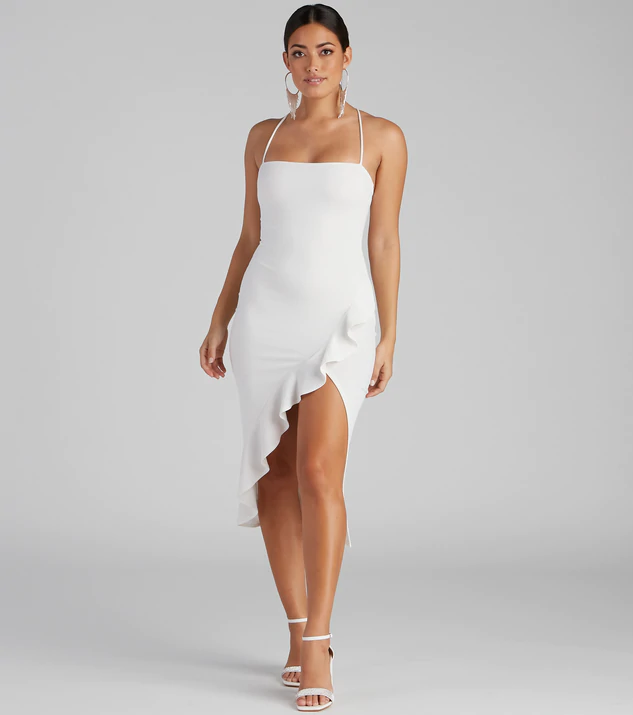 White spaghetti strap ruffle dress for graduation from Windsor