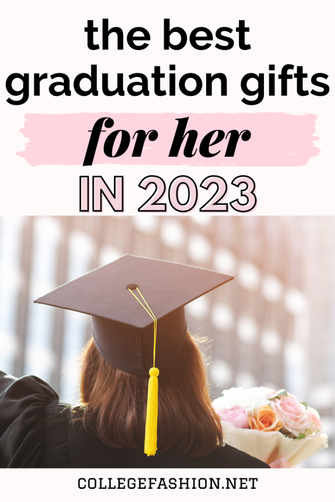 Best Graduation Gifts for her in 2023 header graphic with photo of a woman in a graduation cap